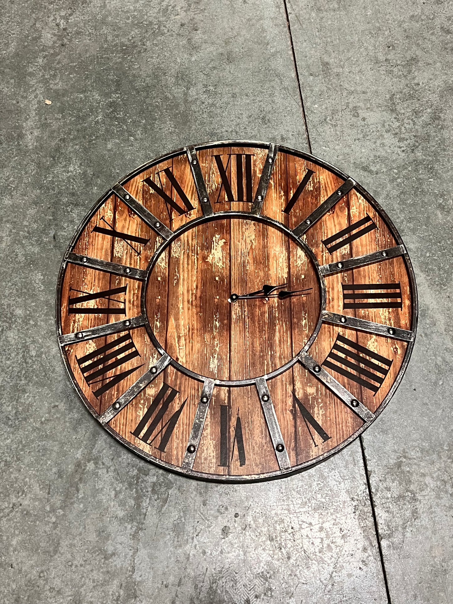 Large Metal and Wood Round Wall Clock