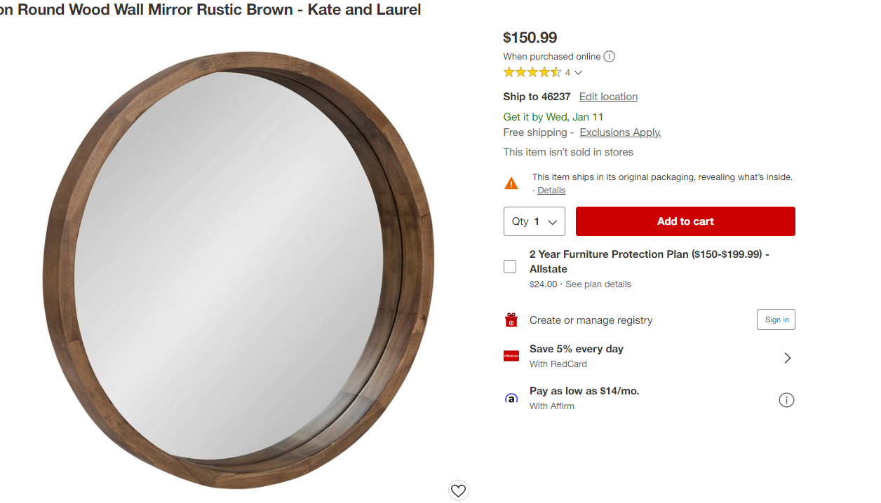 22" x 22" Hutton Round Wood Wall Mirror Rustic Brown - Kate and Laurel