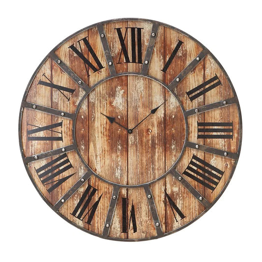 Large Metal and Wood Round Wall Clock